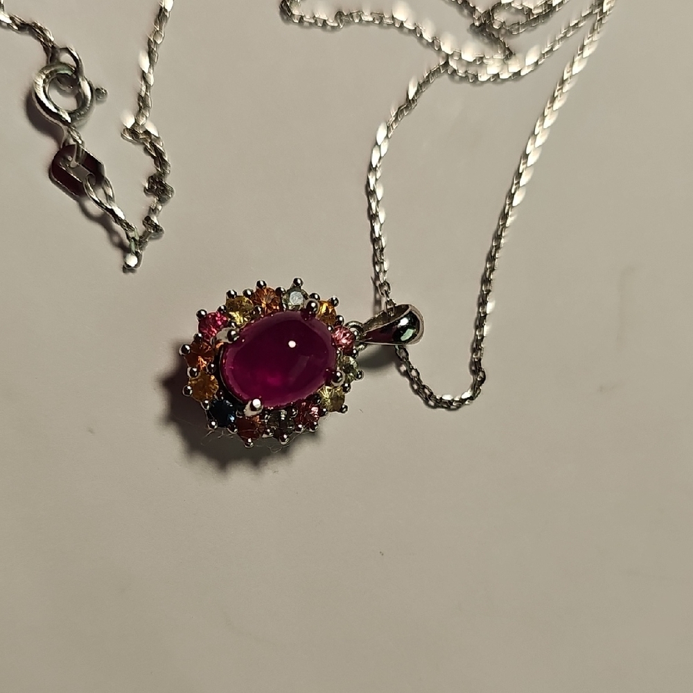 Ruby Cabochon In Sapphire Halo Necklace